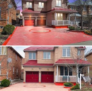Before and after sandblasting of a residential concrete driveway.